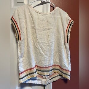 Linen blend cap sleeve button up back multicolor stripe detail